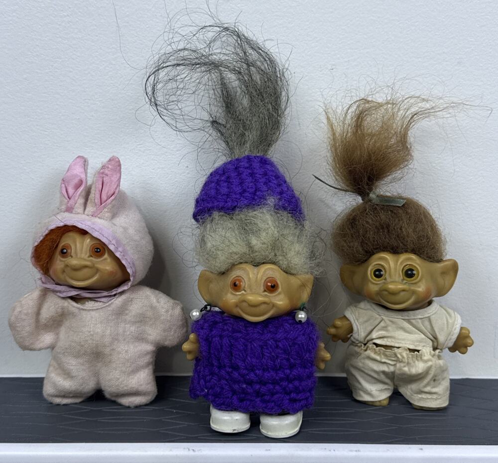 Vintage 1960’s Troll Dolls Lot Of 3 Unmarked 3” With Outfits